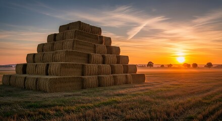 Pyramid of Hay Bales at Sunrise in a Misty Field.