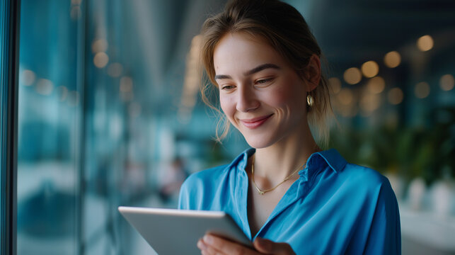 Ginger businesswoman standing in minimalistic corporate office with tablet in hands, smiling at tablet during business meeting, modern corporate interior, with copy space