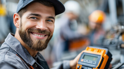 Portrait of happy diverse mechanic using battery charger on truck at mechanic workshop, industrial background, teamwork and automotive maintenance, with copy space