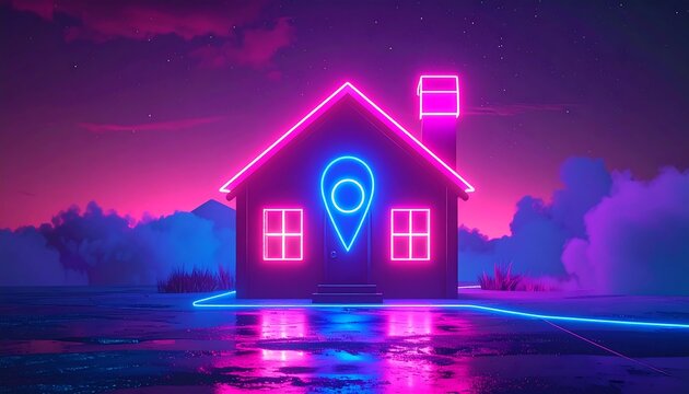 Neon outline of a house with geolocation icon, set against a landscape with a magenta and blue sky