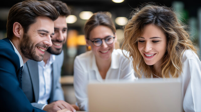 Leadership team with laptop and paperwork collaborating on project at boardroom in corporate firm, brainstorming and planning, professional environment, with copy space