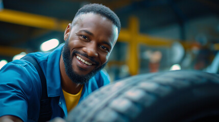 Portrait of smiling african american auto mechanic rolling and preparing tire for changing at car service, garage background, automotive maintenance concept, with copy space