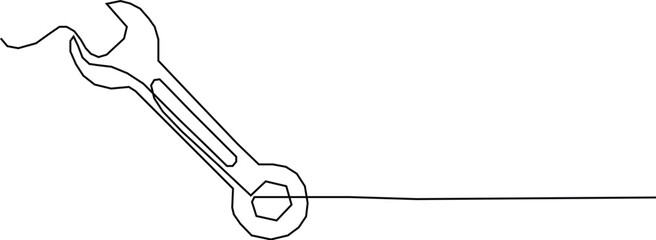 Mechanical wrench in one continuous line drawing black color isolated on white background. Style of self drawing, Adjustable wrench continuous one line drawing.