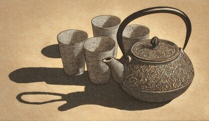 Ornate teapot and cups cast dramatic shadows on textured surface.