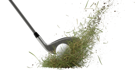 Golf club hitting a golf ball in the rough