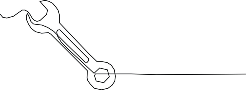 Mechanical wrench in one continuous line drawing black color isolated on white background. Style of self drawing, Adjustable wrench continuous one line drawing.