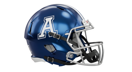 Closeup of a blue football helmet with a white letter a