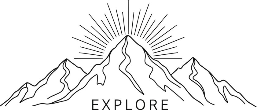 Line art illustration of mountains with a radiant sunburst above, and the word explore below, , inspiring adventure and discovery