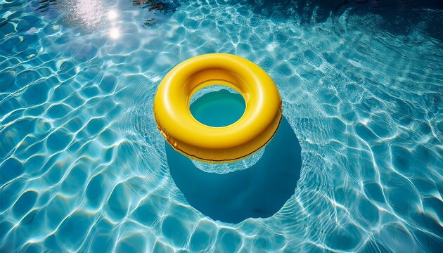 swimming pool inner tube floating in the clear pool yellow inner tube banner inflatable ring background top view