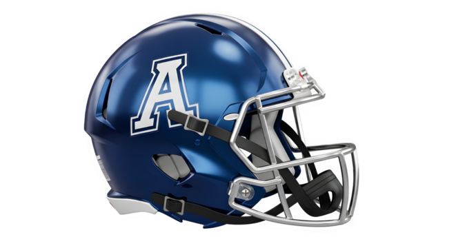 Closeup of a blue football helmet with a white letter a
