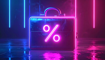 Neon percentage symbol on a briefcase, with reflective floor, backed by neon lights