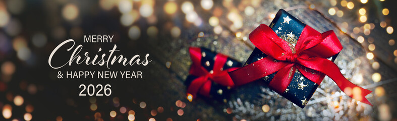 Christmas Card - Merry Christmas and Happy New Year 2026 - Beautiful gift box and golden bokeh lights