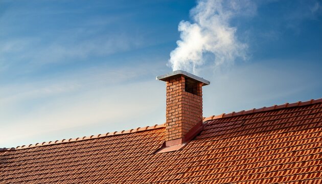 brick chimney with smoke on tiled roof