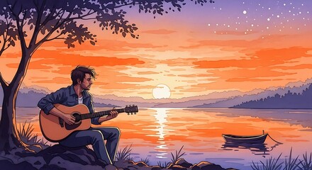 Man playing guitar by a serene lake at sunset with vibrant orange sky and distant mountains