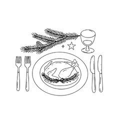 Illustration of solo Christmas dinner setup with roast chicken and festive decorations on white background copy space