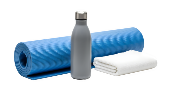 Yoga mat, water bottle, and towel for a healthy lifestyle