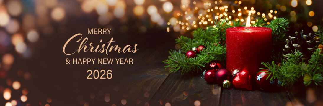 Christmas Card- Merry Christmas and Happy New Year 2026 - Advent candle with tree branch - background banner, header, xmas greetings