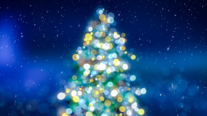 Blurred Christmas tree with glowing colorful bokeh light bulbs and ornaments background, blue holiday greeting card , festive New Year winter snow fall backdrop illustration