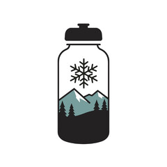 Illustration of water bottle featuring snowflake and mountain design for national park Christmas merchandise on white background copy space