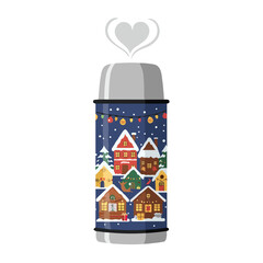 Illustration of reusable thermos with winter village design on blue background copy space