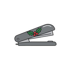 Illustration of stapler decorated with holly and berries for Christmas on white background copy space