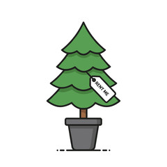 Illustration of potted rental Christmas tree with eco-friendly tag on white background copy space