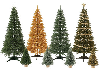 Collection of various artificial christmas trees of different sizes and styles, isolated on transparent background