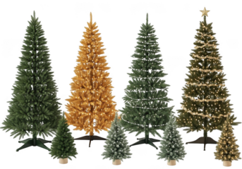 Collection of various artificial christmas trees of different sizes and styles, isolated on transparent background