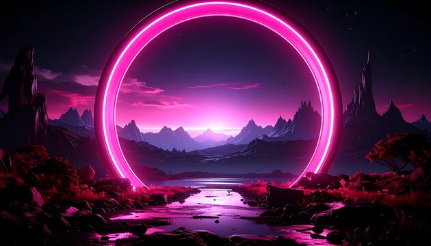 Neon pink ring frames distant mountains reflecting in a stream at dusk, contrasting against a dark, rocky landscape