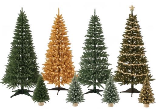 Collection of various artificial christmas trees of different sizes and styles, isolated on transparent background