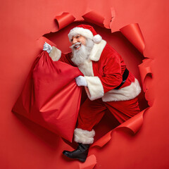 Santa Claus breaking through red paper background, spreading joy and excitement for Christmas celebrations