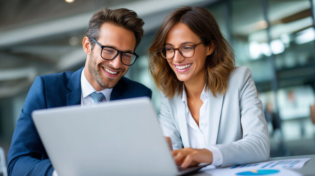 Two professional businesspeople sitting at corporate office and doing statistics on laptop, analyzing data and charts together, teamwork, with copy space