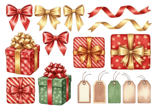 Collection of festive gift boxes with ribbons and tags, isolated on transparent background