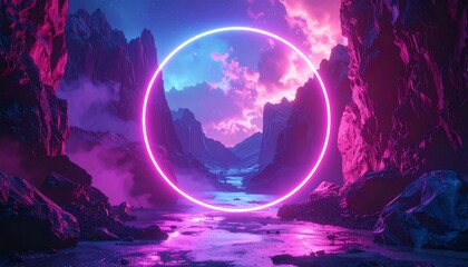 Neon portal in a misty mountain valley, reflecting in water, under a vibrant, colorful, cloudy sky