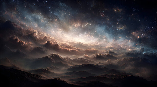 Majestic cosmic landscape with swirling galaxy and radiant galactic clouds in space
