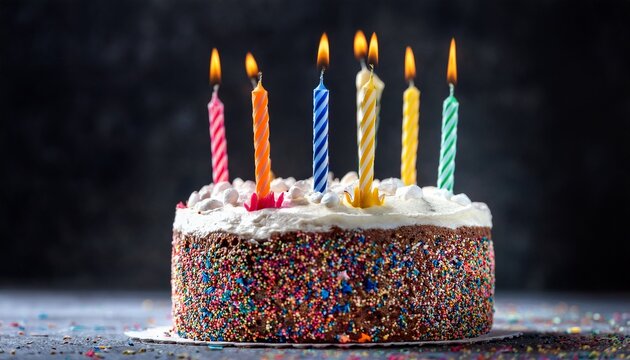 birthday cake with five lit candles and colorful sprinkles on dark background