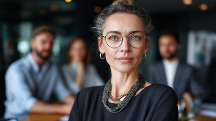 Fototapeta premium Portrait of confident businesswoman standing in conference room with hands in pockets during meeting, leadership and authority, with copy space
