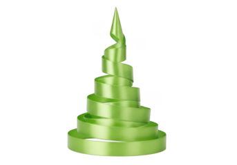 A vibrant green ribbon elegantly coiled into a festive christmas tree shape, isolated on a clean transparent background