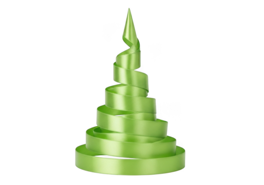 A vibrant green ribbon elegantly coiled into a festive christmas tree shape, isolated on a clean transparent background