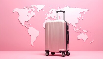 Pink Hard-Shell Suitcase with Telescopic Handle on Pink Background Featuring World Map Silhouette