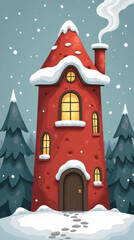 Naklejka premium Tall red gnome tower house with snowy roof, round glowing windows and chimney smoke, surrounded by snow and pine trees, minimal cozy fantasy Christmas illustration