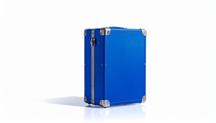 Blue Hard-Shell Suitcase with Silver Reinforced Corners and Latches on Reflective White Background