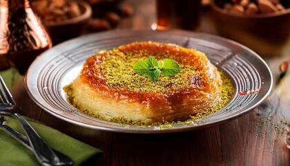 delicious turkish cheese kunafa dessert sweet pastry food meal baked syrup plate tasty aroma image