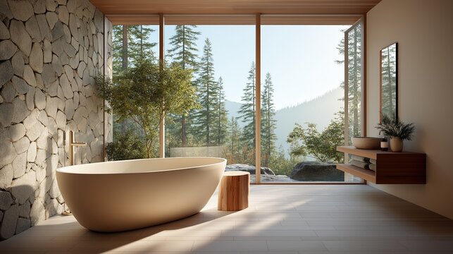 Modern spa bathroom with a freestanding tub and a view of a mountain forest. Luxury home interior design with natural stone and wood elements. Relaxation and wellness retreat concept