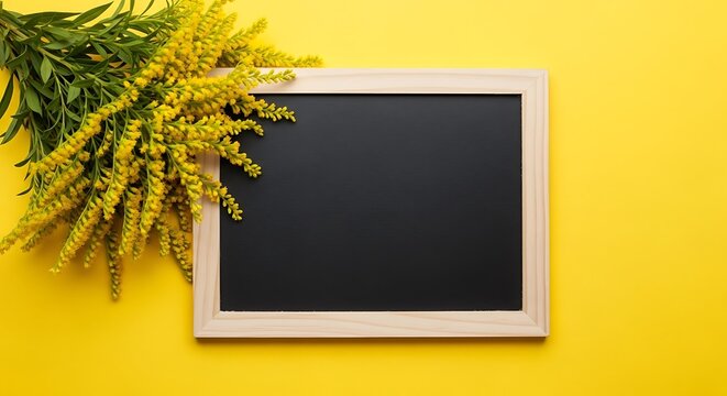 A blank blackboard with a bouquet of yellow flowers on a bright yellow background, perfect for notes or messages - Powered by Adobe