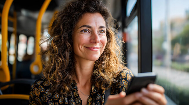 Portrait of happy woman riding public city bus and smiling at cellphone, commuting and digital lifestyle, urban background, with copy space - Powered by Adobe