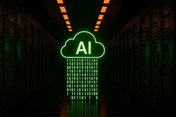 Neon green AI cloud icon with binary code among dark server racks