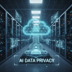 AI data privacy cloud icon against futuristic data center with glowing server racks