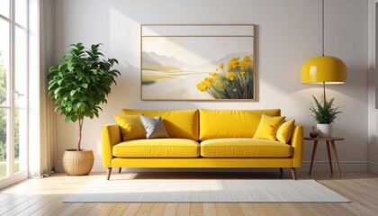 Fototapeta premium Modern Living Room with Yellow Sofa Framed Art and Natural Light in Cozy Interior Design