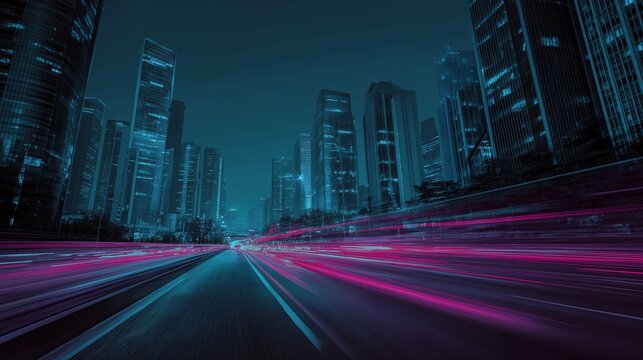 Futuristic cityscape with tall skyscrapers, glowing lights, and dynamic motion blur of neon pink and blue data streams, representing predictive analytics and digital transformation